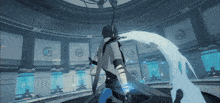 a person in a video game holding a sword in a room