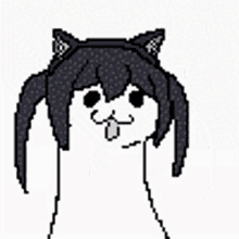 a pixel art drawing of a cat with a tongue sticking out .
