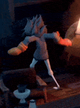 a cartoon character is standing in a dark room holding a bag