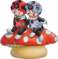 two ladybugs sitting on top of a red mushroom