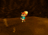a cartoon squirrel with a blue shirt on is sitting on a table