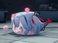 a cartoon character with flowers in her hair is laying on the floor
