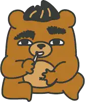 a brown teddy bear with a black hat on his head is eating something