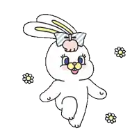 a cartoon rabbit with a bow on its head is standing in front of flowers .