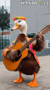 a duck is holding a guitar and wearing a hat with the number 53 on the bottom
