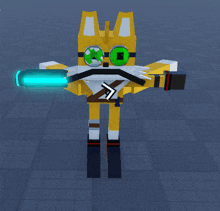 a yellow robot with green eyes is holding a blue beam