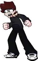 a cartoon character is standing in front of a white background with his fist in his hand .
