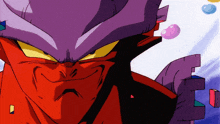 a close up of a cartoon character 's face with a purple head