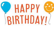 a happy birthday greeting with balloons and smiley faces