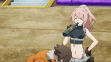a girl with pink hair is drinking from a bottle that says up on it