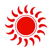 a red sun with a white center and red rays on a white background