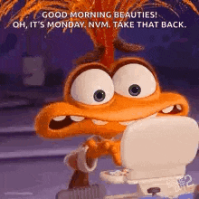 a cartoon character with a mohawk is brushing his teeth .