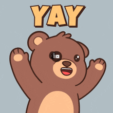 a cartoon of a teddy bear with the word yay written above it