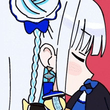 a drawing of a girl with long white hair and a blue bow in her hair .