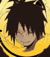 a drawing of a man with black hair and red eyes