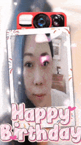 a woman 's face is behind a frame that says " happy birthday "