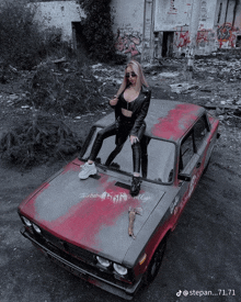 a woman is standing on the hood of a car that says barbie