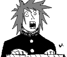 a black and white drawing of a person with a shocked look on their face .