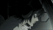 l from death note is sitting in a car with his eyes closed and the words `` done '' written on his face .
