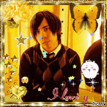a picture of a man in a plaid sweater with the words i love y