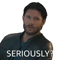 a man in a leather jacket has the word seriously written on his face