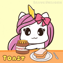 a brave unicorn spreads peanut butter on toast