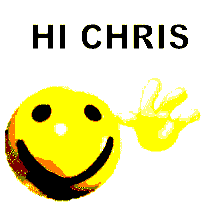 a yellow smiley face with the words hi chris behind it
