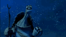 a turtle is holding a stick in front of a blue sky with stars