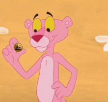 a pink panther is giving a thumbs up sign while holding a coin .