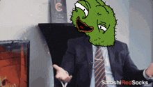 a cartoon of a man in a suit and tie with the words " satoshi red socks " below him