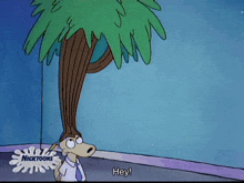 a cartoon of a man with long hair standing next to a tree that says hey on it