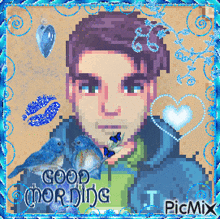 a pixel art of a man with two birds and the words good morning