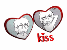two heart shaped mirrors with cartoon characters and the word kiss in red