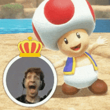 a toad with a crown on his head is next to a man with headphones
