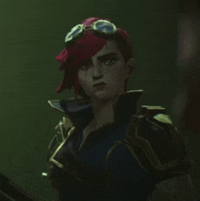 a cartoon character with pink hair and goggles on her head