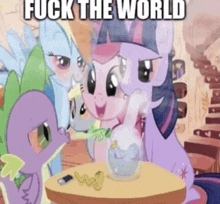 a cartoon of ponies with the words " fuck the world " written on the bottom