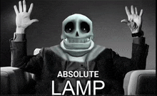a man with a skeleton head is sitting in a chair with his hands in the air and the words absolute lamp behind him
