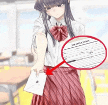 a girl in a school uniform is pointing at a job application form