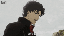 a man in a black jacket says let 's go in a cartoon