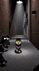 a dog wearing sunglasses that say dea is standing in a dark alleyway