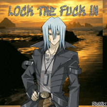 a picture of a man with the words " lock the fuck in " on it