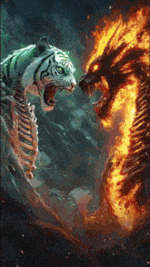 a tiger and a dragon are facing each other in a painting
