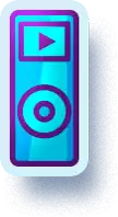 a blue and purple icon of an ipod with a play button on it .