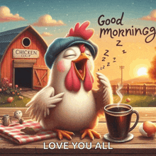an illustration of a rooster yawning next to a cup of coffee