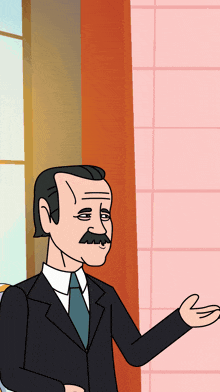 a cartoon of a man in a suit and tie with a mustache