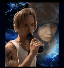 a man wearing headphones is singing into a microphone with a woman in the background