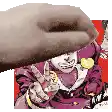 a hand is reaching out towards a picture of a man in a purple suit .