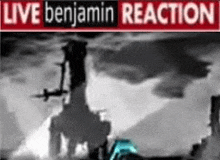 a black and white photo of a helicopter with the words live benjamin reaction written on it .