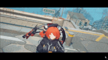 a girl with red hair is holding a gun in front of a street sign that says one way
