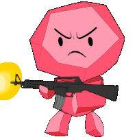a cartoon character with an angry face is holding a gun and a yellow ball